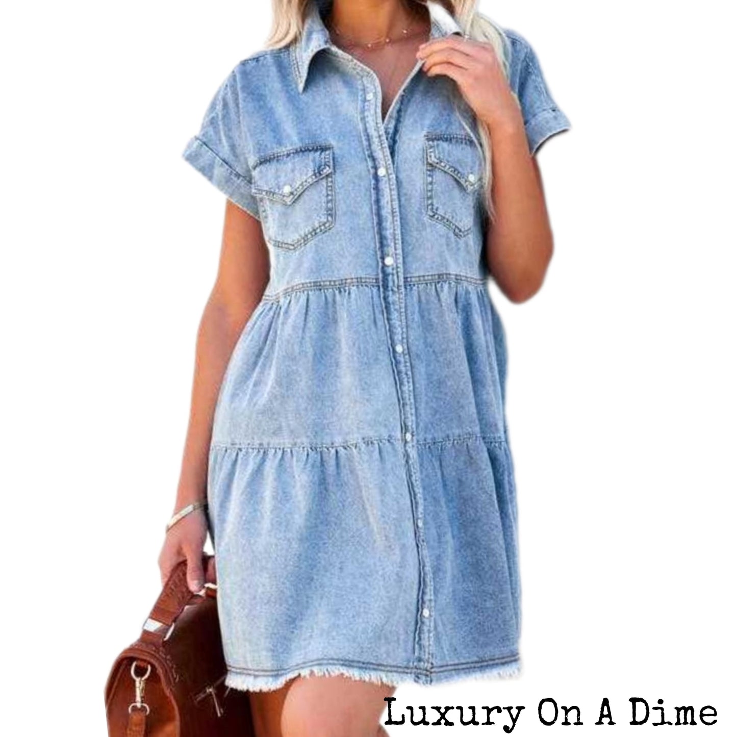 Button-Up Denim Short Sleeve Blue Jean Tiered Raw Hem Babydoll Mini Dress