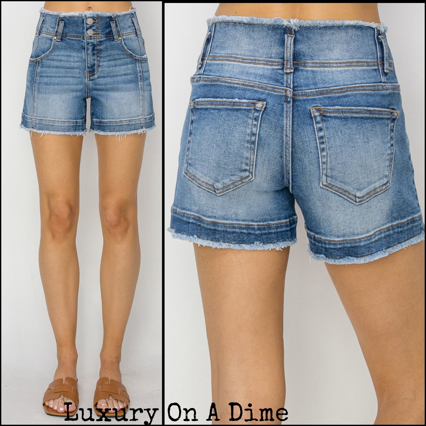 RISEN Torn High Rise Double Button Waist Denim Frayed Cut-off Distressed Jean Shorts