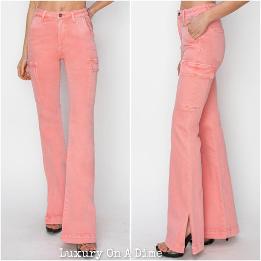 RISEN Cargo High-Rise Waist Split Hem Bootcut Pink Denim Pants Jean