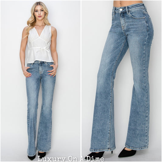 RISEN Classic Mid-Rise Jeans Slim Traditional Bootcut Wide Hem Denim Pants