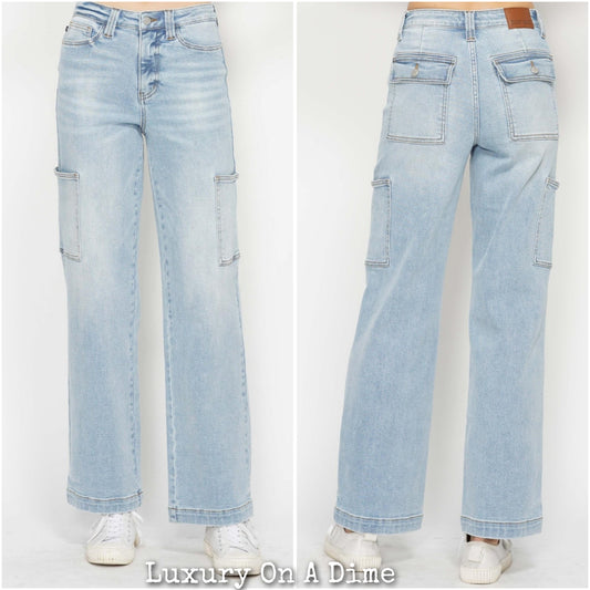 Judy Blue Jeans High-Rise Waist Cargo Denim Boyfriend Straight Leg Retro Pants