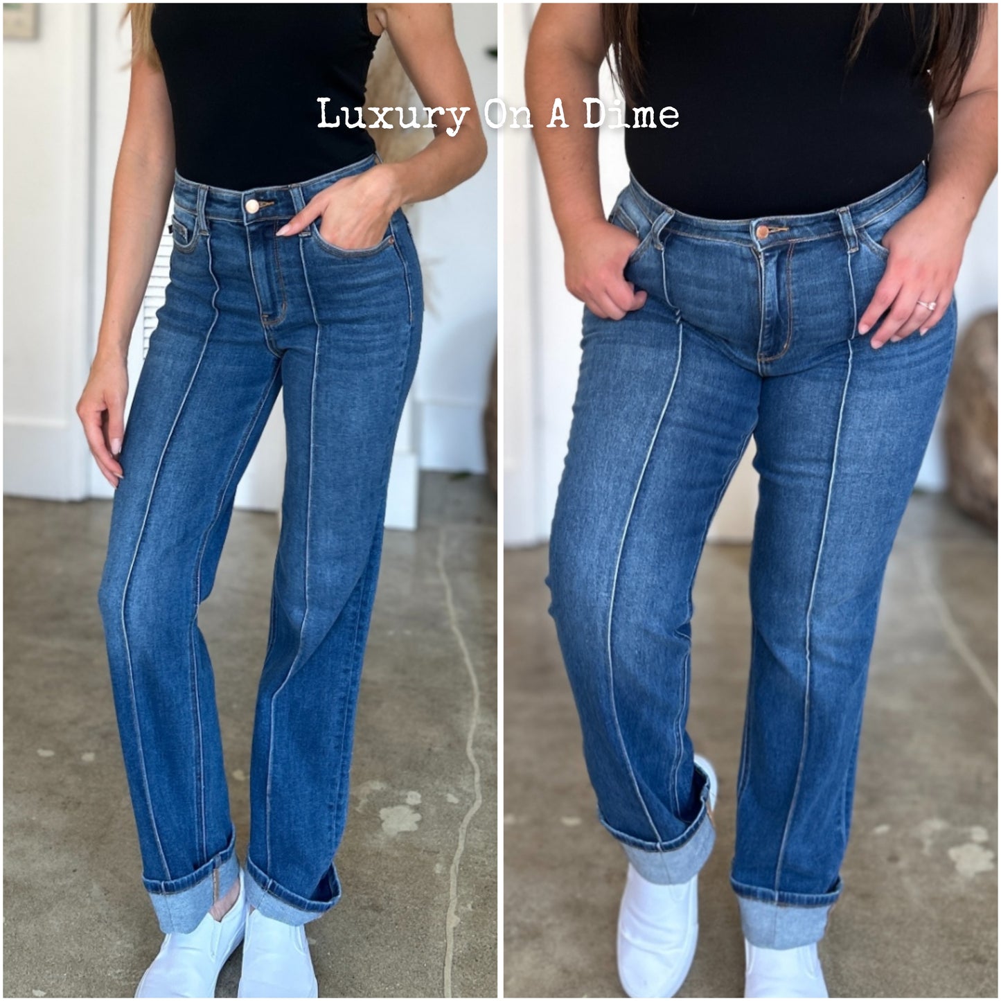 High-Rise Exposed Seam Straight Leg Jeans Dark Denim Pants Judy Blue