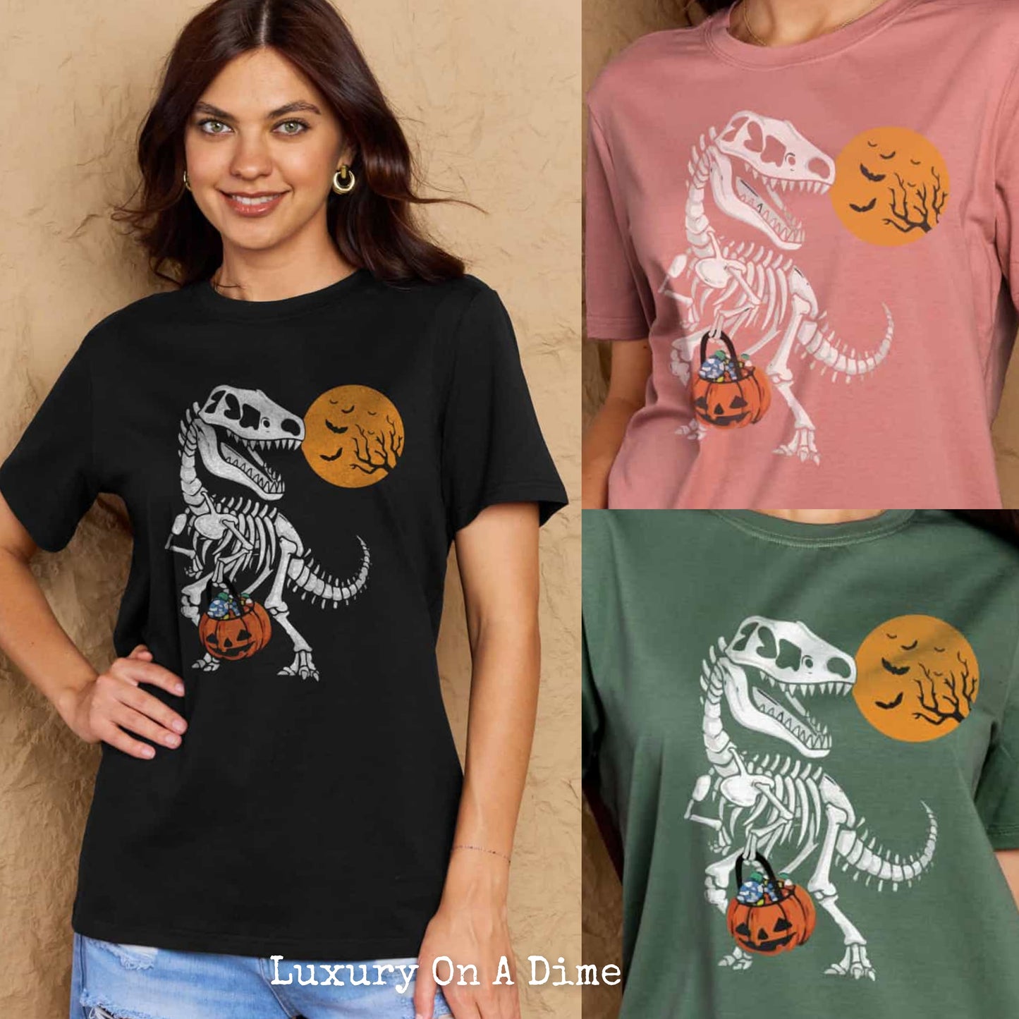 T-Rex Skeleton Trick or Treating Dinosaur Funny Graphic Tee Shirt Halloween Top