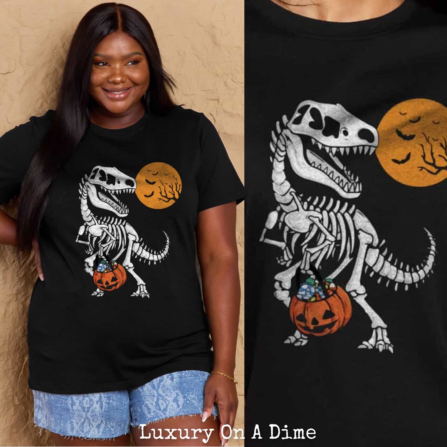 T-Rex Skeleton Trick or Treating Dinosaur Funny Graphic Tee Shirt Halloween Top