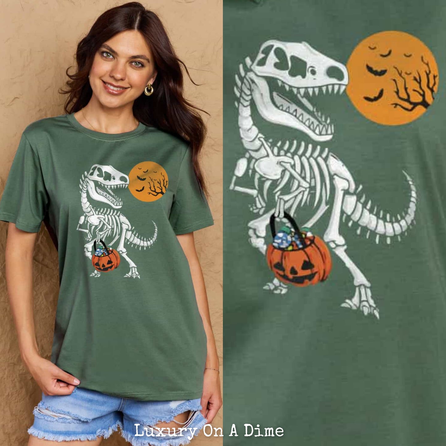 T-Rex Skeleton Trick or Treating Dinosaur Funny Graphic Tee Shirt Halloween Top