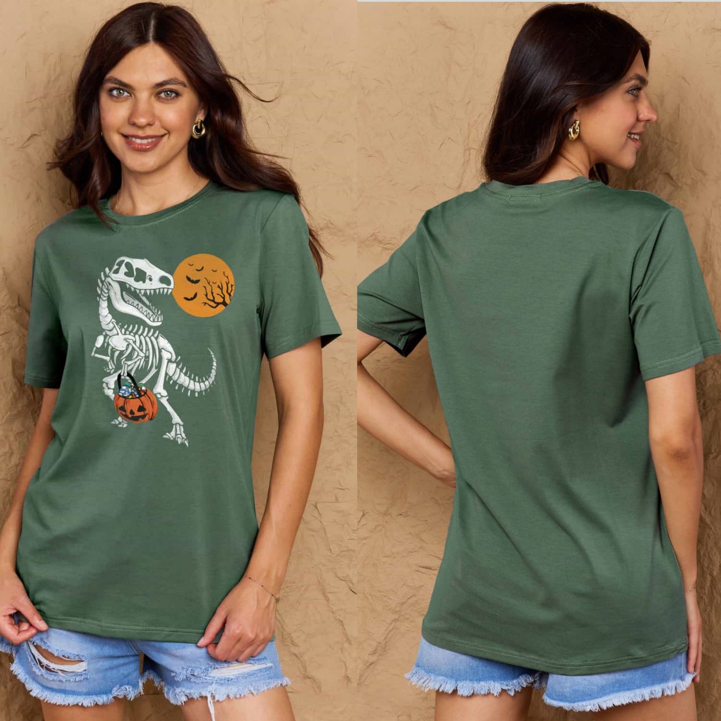 T-Rex Skeleton Trick or Treating Dinosaur Funny Graphic Tee Shirt Halloween Top