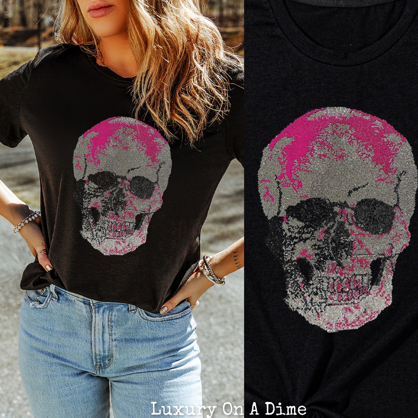 Rhinestone Skeleton Shirt Bling Sparkling Short Sleeve Tee Halloween Top