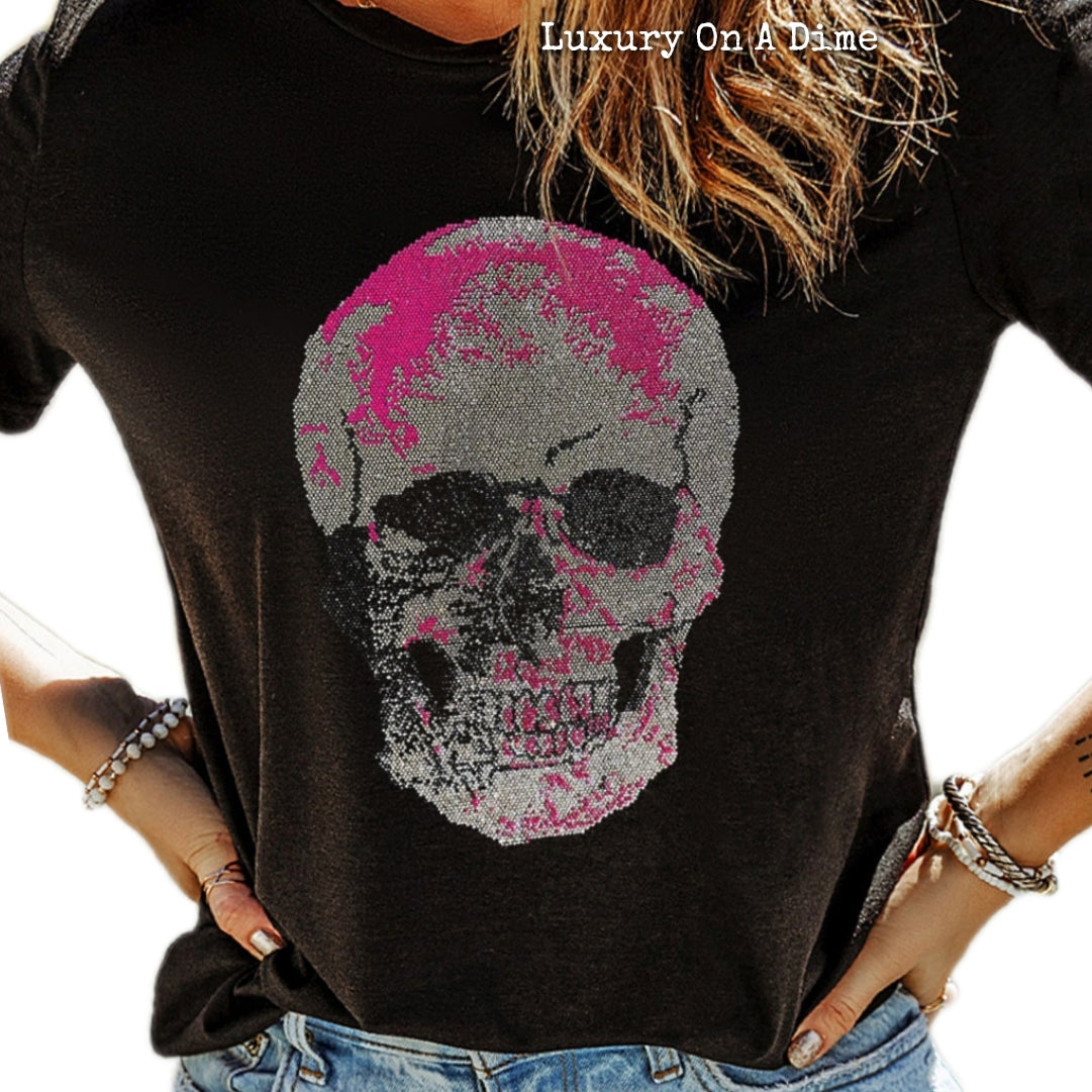 Rhinestone Skeleton Shirt Bling Sparkling Short Sleeve Tee Halloween Top