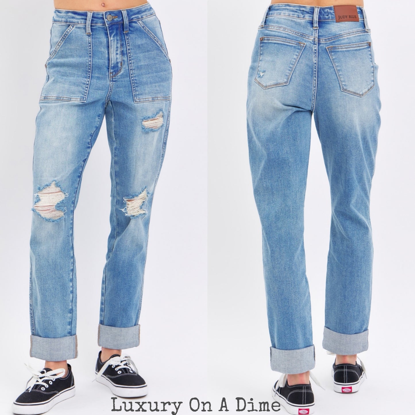 Judy Blue Distressed High-Rise Retro 90s Mom Jeans Torn Straight Leg Cuffed Denim Pants