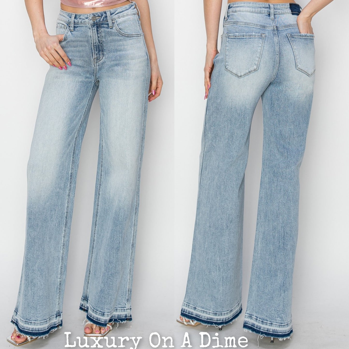 RISEN High-Rise Wide Leg Pants Distressed Contrasting Hem Boyfriend Jeans Denim