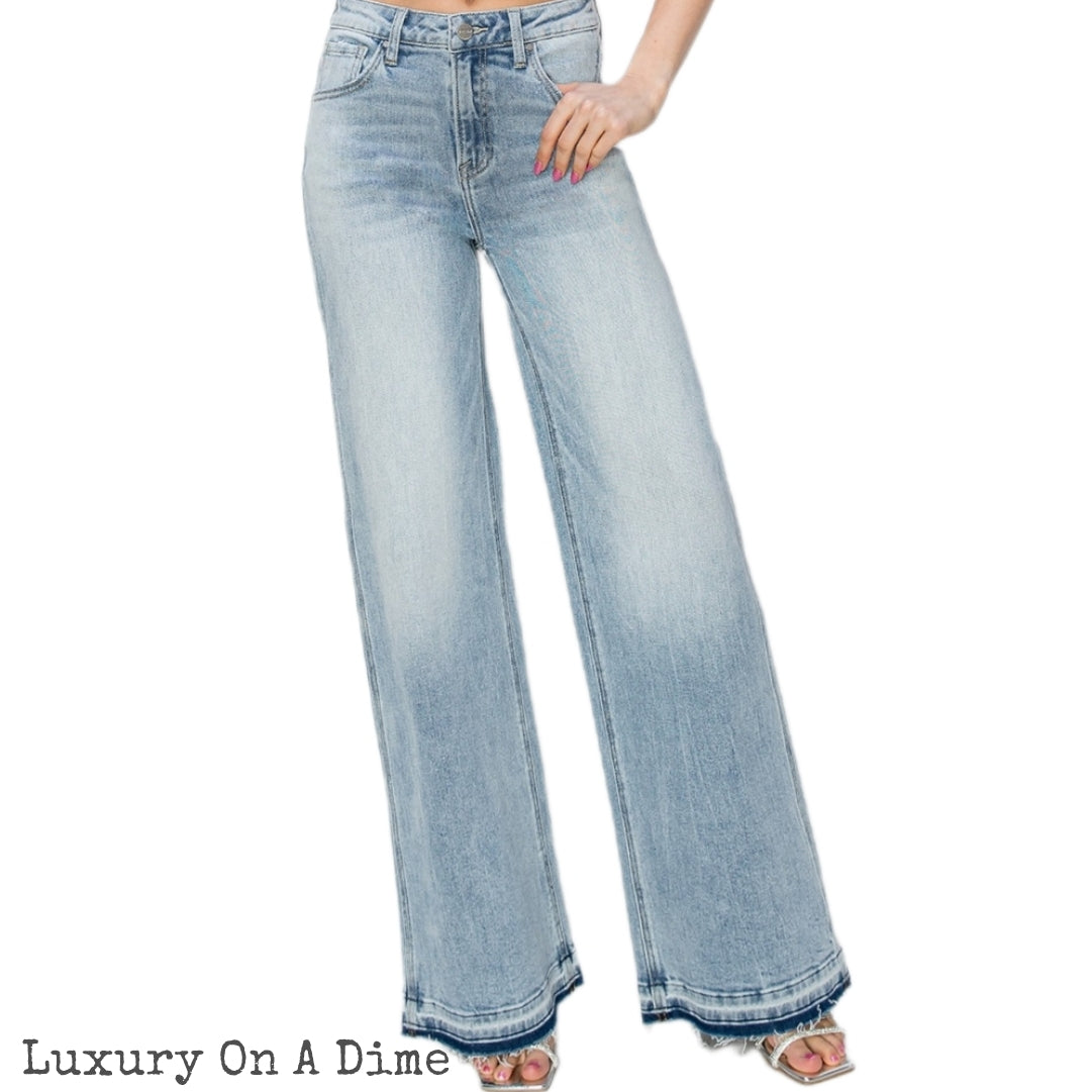 RISEN High-Rise Wide Leg Pants Distressed Contrasting Hem Boyfriend Jeans Denim