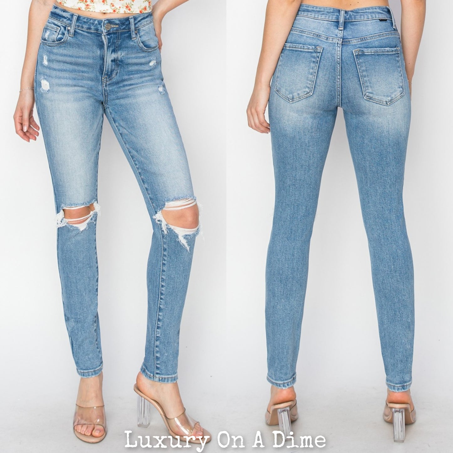 RISEN Skinny High-Rise Distressed Torn Knee Jeans Slim Denim Pants