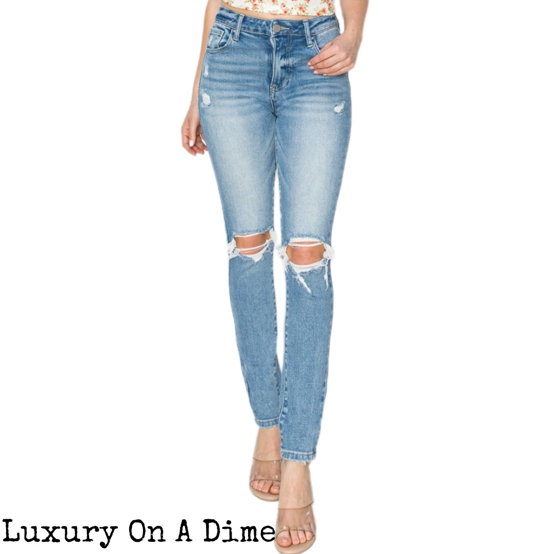 RISEN Skinny High-Rise Distressed Torn Knee Jeans Slim Denim Pants