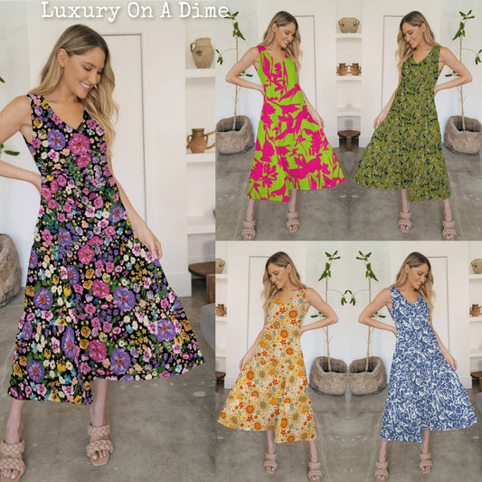 Bold Colorful Retro Floral Sleeveless Tiered V-Neck Oversized Summer Maxi Dress