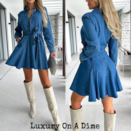 Retro Mini Pocket Denim Dress Collar Long Sleeve Button Front Belted Blue Jean