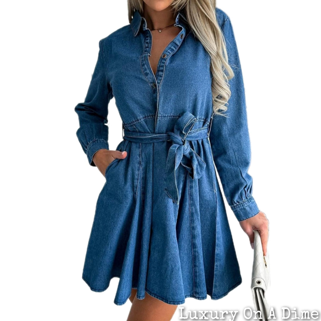 Retro Mini Pocket Denim Dress Collar Long Sleeve Button Front Belted Blue Jean