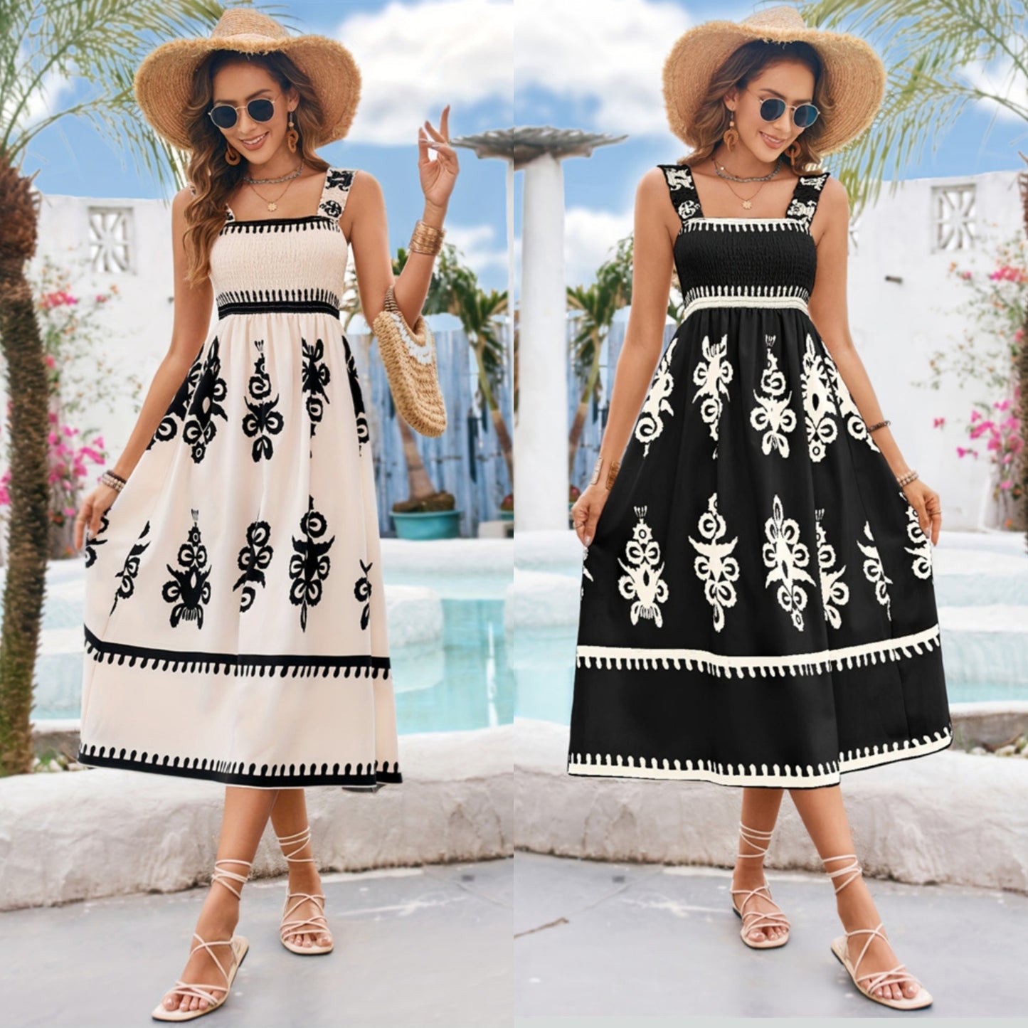 Elegant Smocked Bodice Contrasting Chic Sleeveless Summer Boho Midi Dress