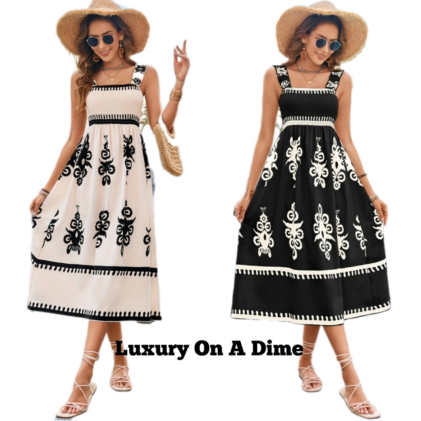 Elegant Smocked Bodice Contrasting Chic Sleeveless Summer Boho Midi Dress