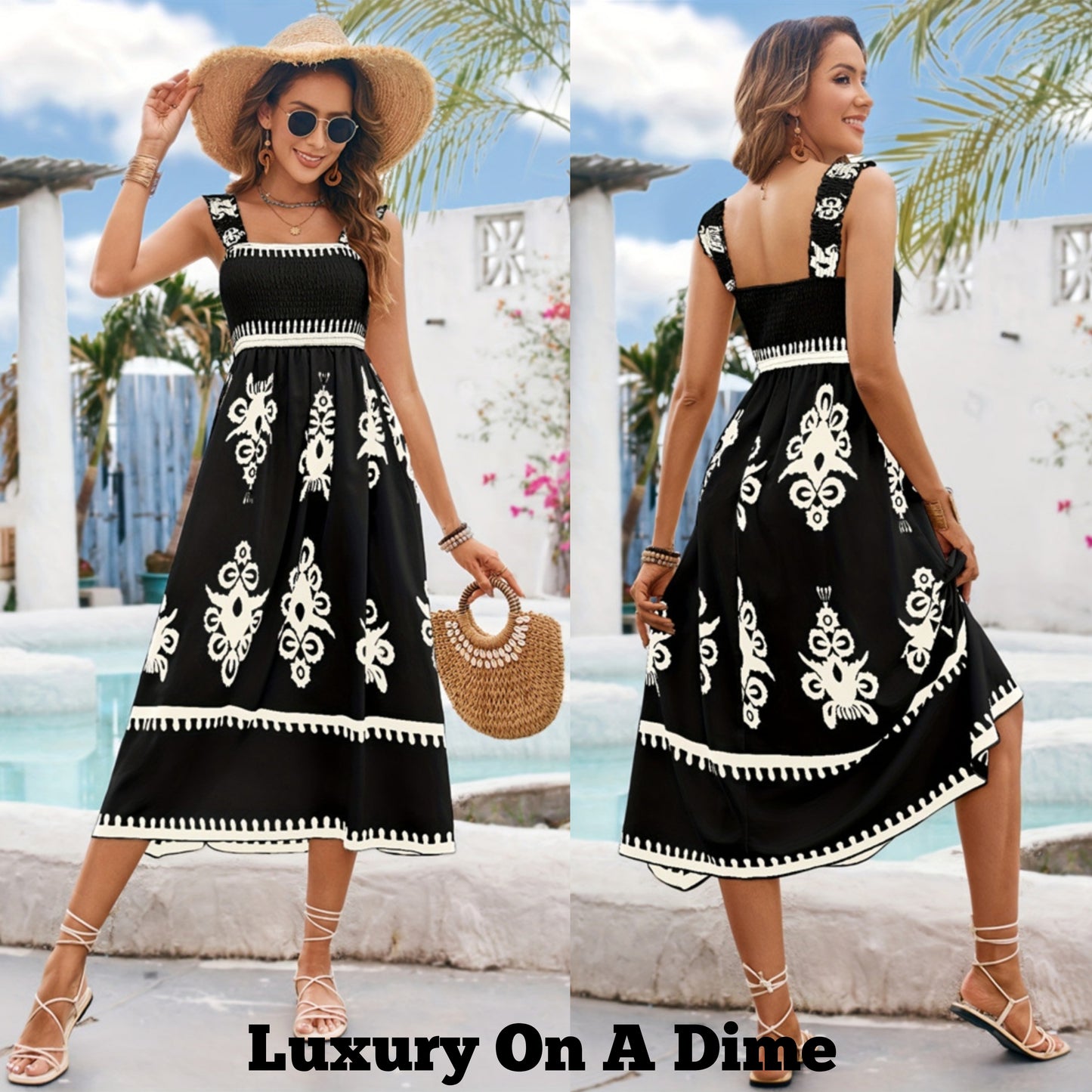 Elegant Smocked Bodice Contrasting Chic Sleeveless Summer Boho Midi Dress