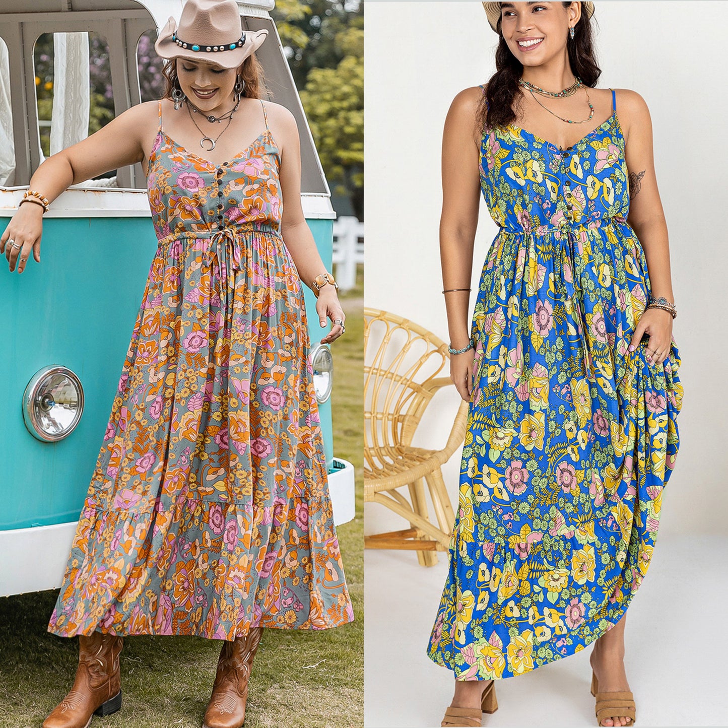 Hippie Maxi Dress Boho Sleeveless Button V-Neck Summer Retro Floral