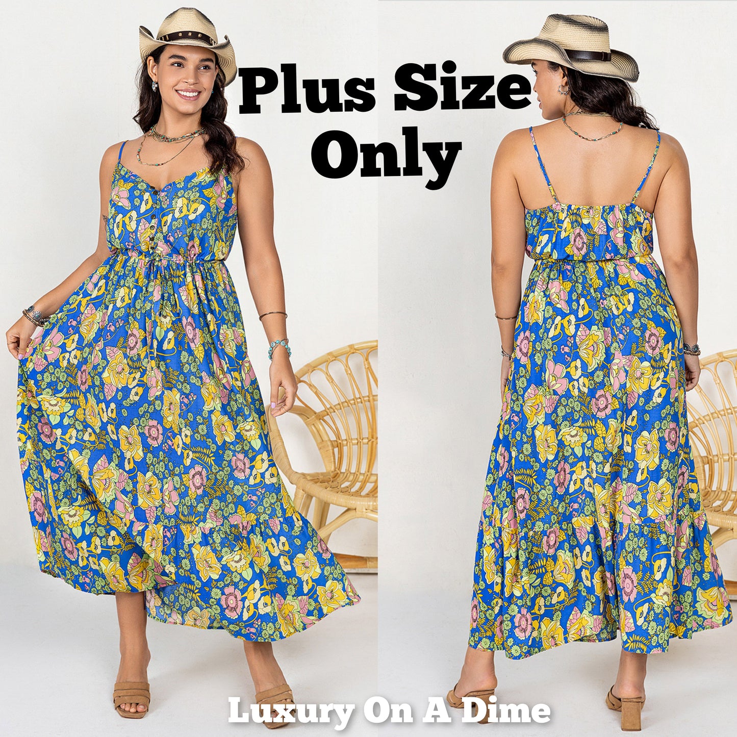 Hippie Maxi Dress Boho Sleeveless Button V-Neck Summer Retro Floral