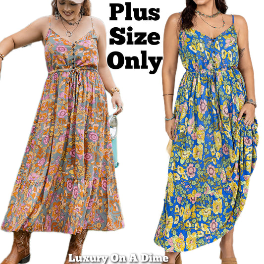 Hippie Maxi Dress Boho Sleeveless Button V-Neck Summer Retro Floral