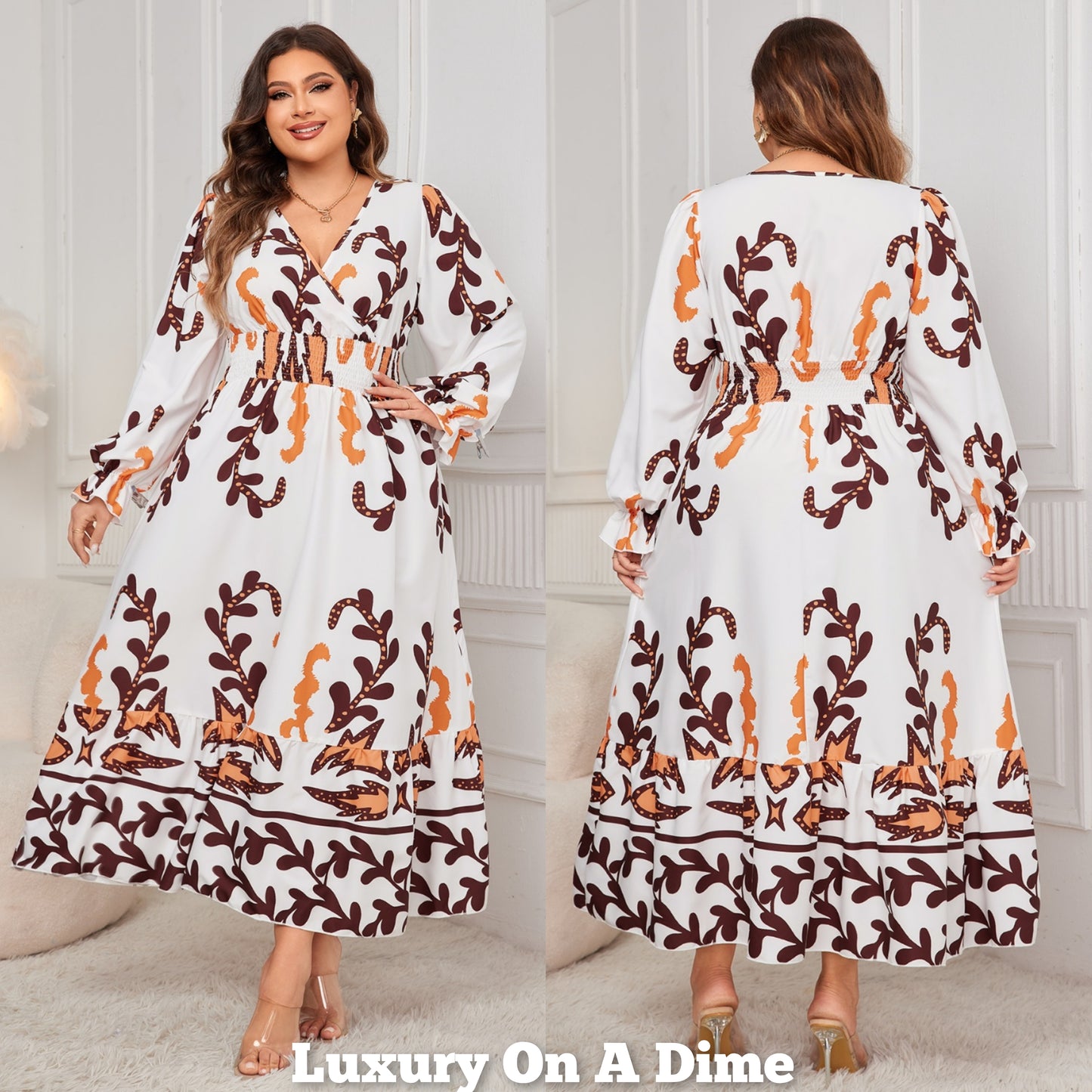 Plus Size Printed Surplice Flounce Sleeve Dress