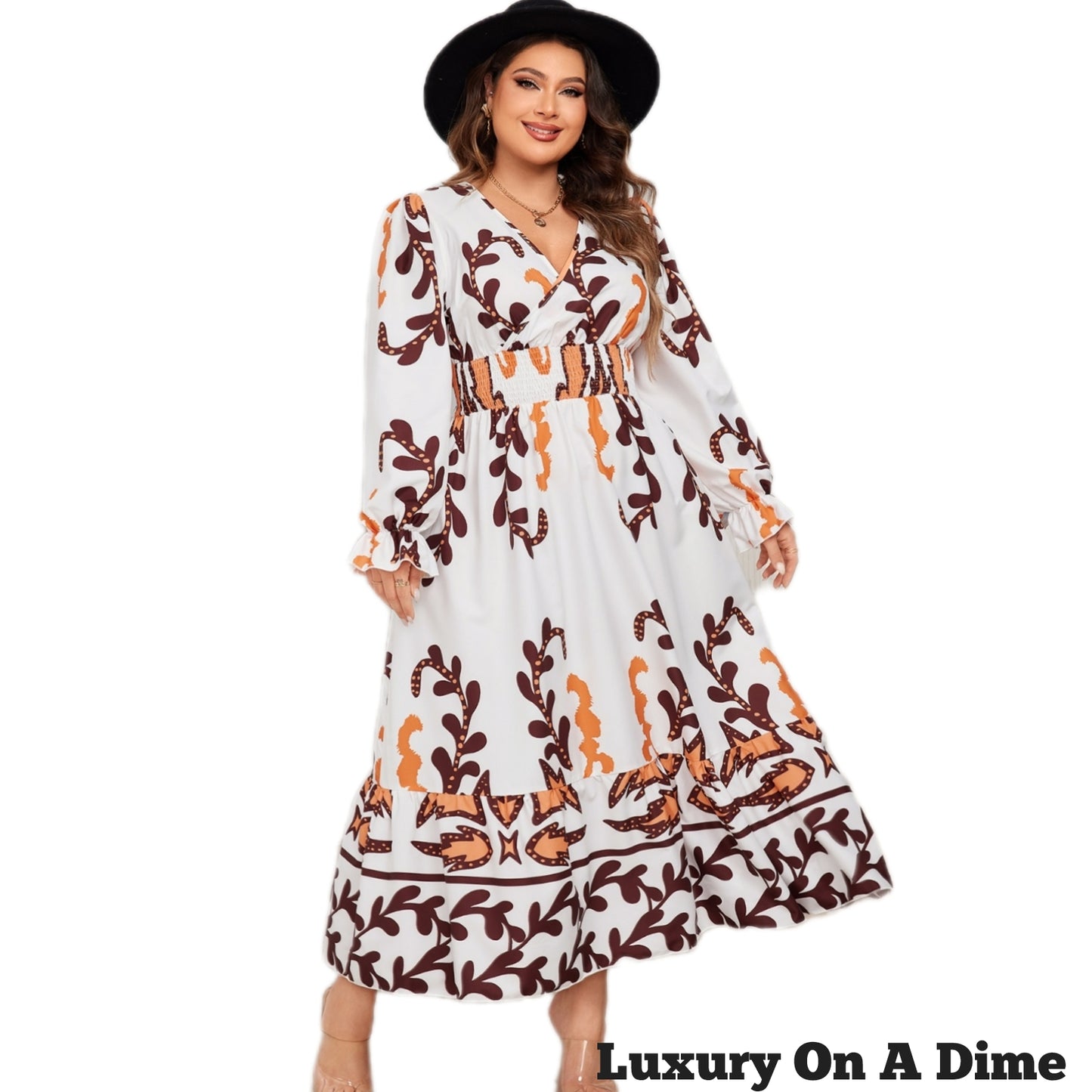 Plus Size Printed Surplice Flounce Sleeve Dress