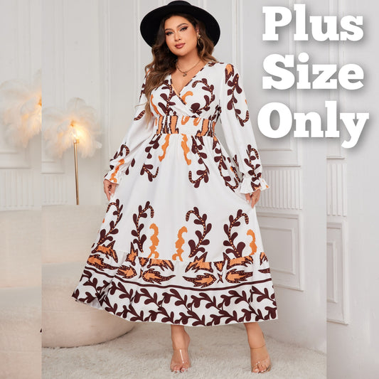 Plus Size Printed Surplice Flounce Sleeve Dress