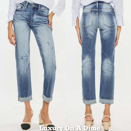 KanCan Distressed High-Rise Retro Mom Jeans Straight Leg Cuffed Raw Denim Pants