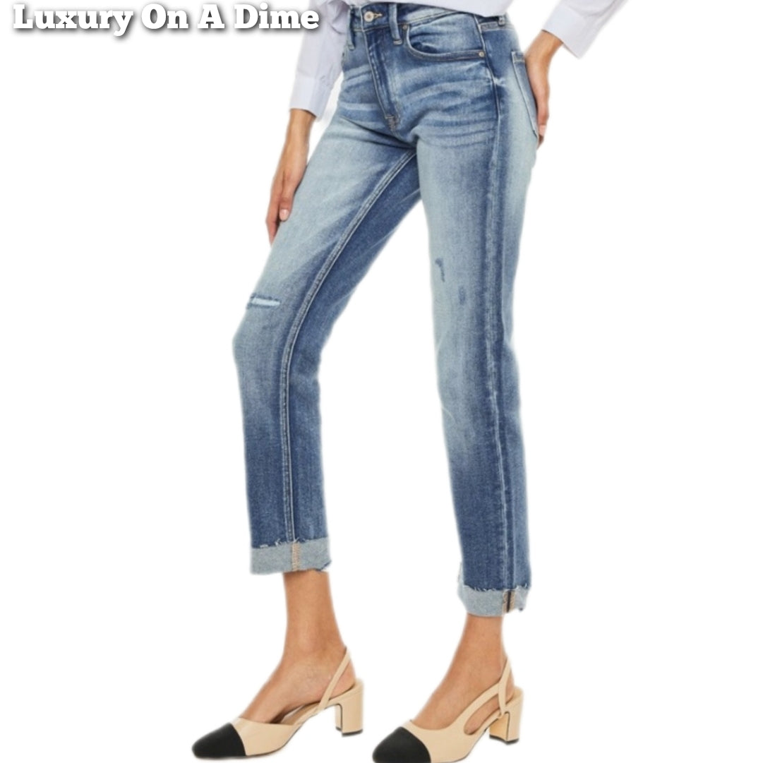 KanCan Distressed High-Rise Retro Mom Jeans Straight Leg Cuffed Raw Denim Pants