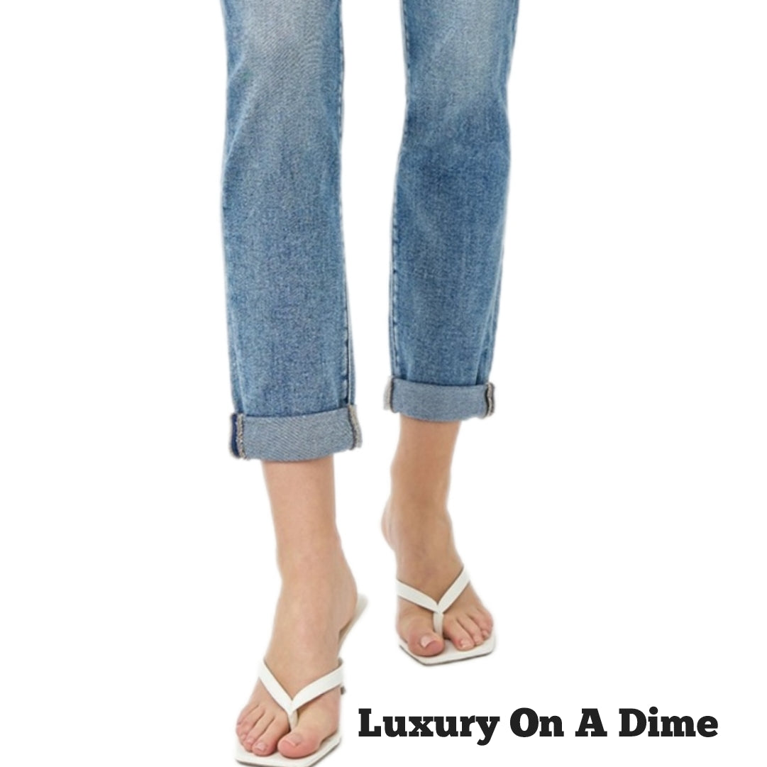 RISEN High-Rise Straight Leg Cuffed Rolled Up Cropped Hem Jeans Denim Pants