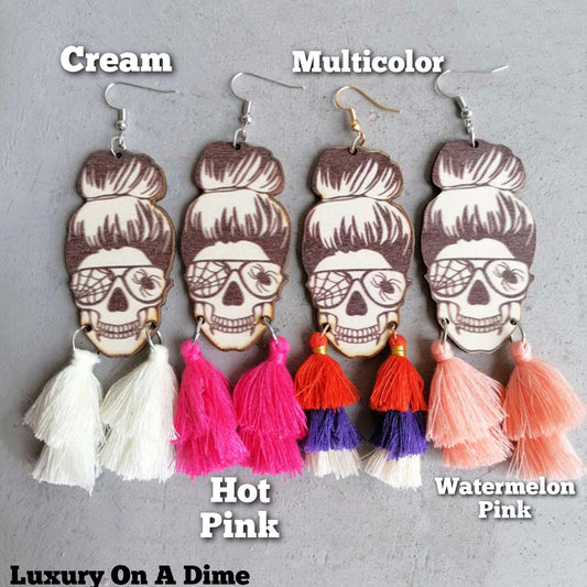 Messy Bun Wood Skeleton Tassel Dangle Earrings Halloween Artisan Jewelry