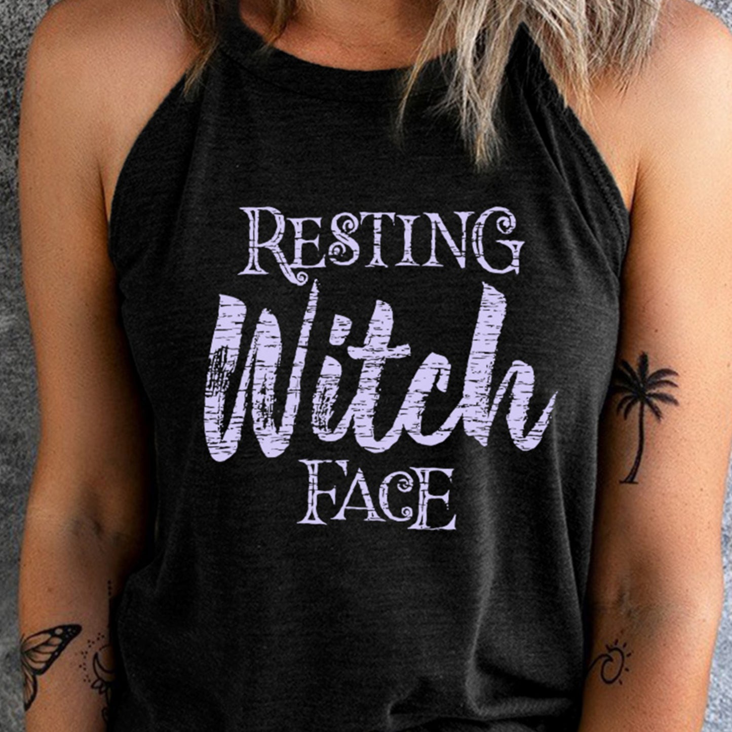 Funny Resting Witch Face Graphic Shirt Sleeveless Halloween Round Neck Top