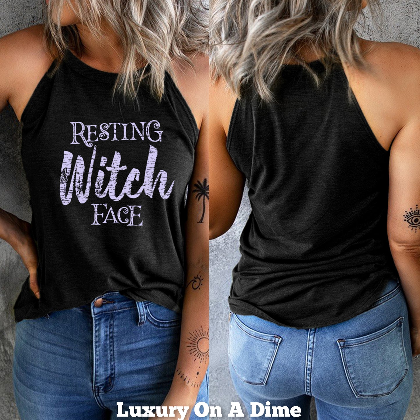 Funny Resting Witch Face Graphic Shirt Sleeveless Halloween Round Neck Top