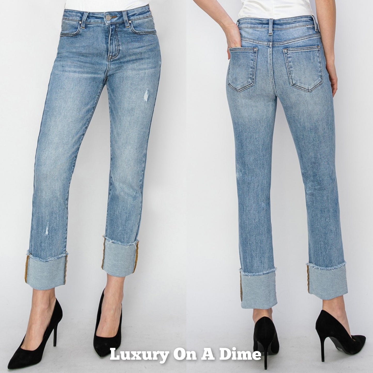 RISEN High-Rise Straight Leg Jeans Ankle Cuffed Hem Distressed Denim Pants