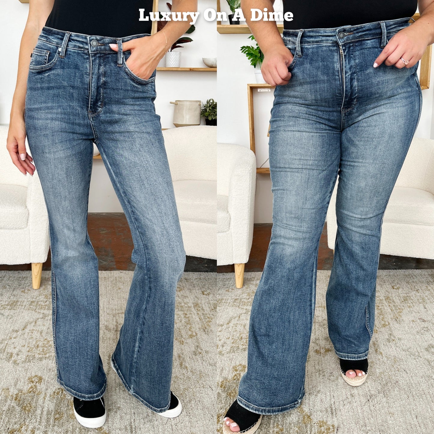 Judy Blue Tummy Control High-Rise Slim Waist Stretch Jeans Classic Flare Hem Denim Pants