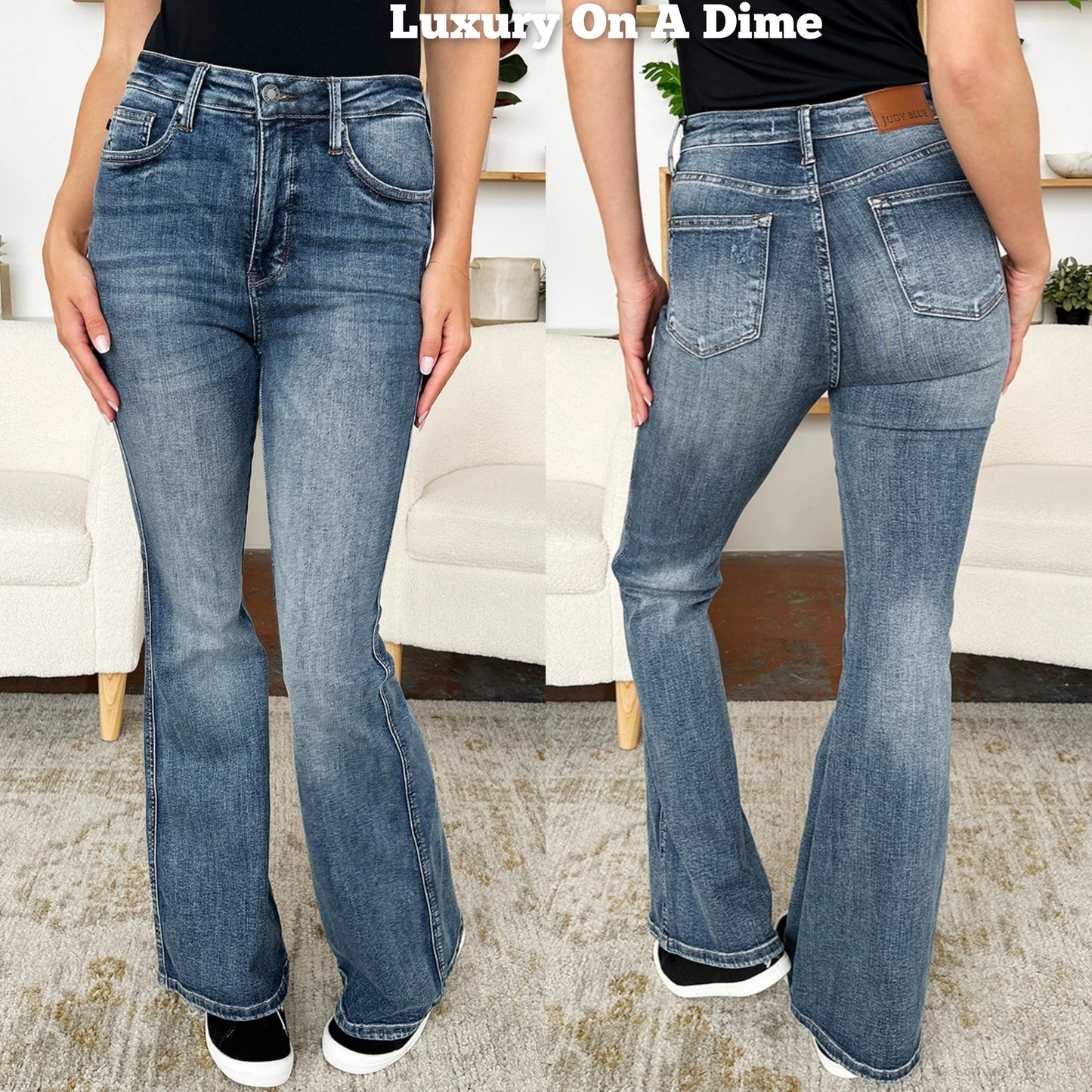 Judy Blue Tummy Control High-Rise Slim Waist Stretch Jeans Classic Flare Hem Denim Pants