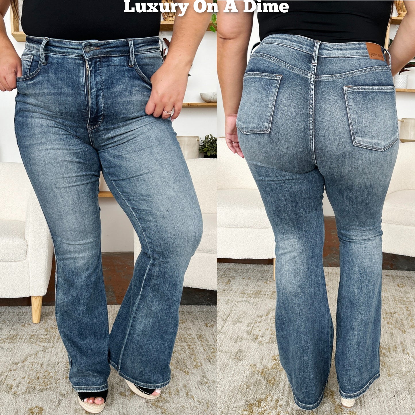 Judy Blue Tummy Control High-Rise Slim Waist Stretch Jeans Classic Flare Hem Denim Pants