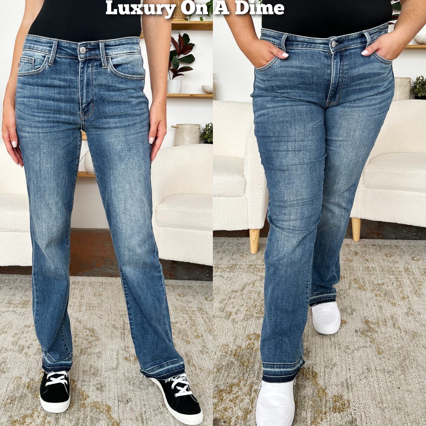 Judy Blue Mid-Rise Straight Leg Boyfriend Jeans Released Raw Hem Denim Pants