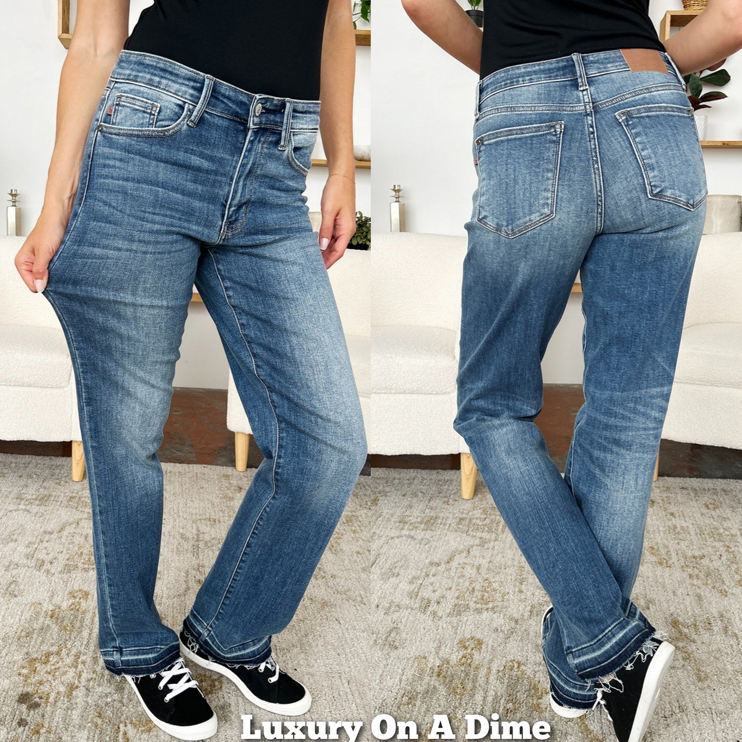 Judy Blue Mid-Rise Straight Leg Boyfriend Jeans Released Raw Hem Denim Pants