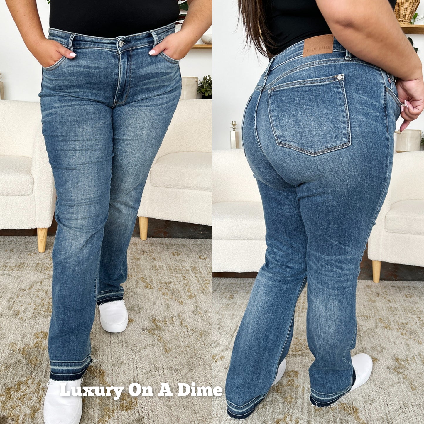 Judy Blue Mid-Rise Straight Leg Boyfriend Jeans Released Raw Hem Denim Pants