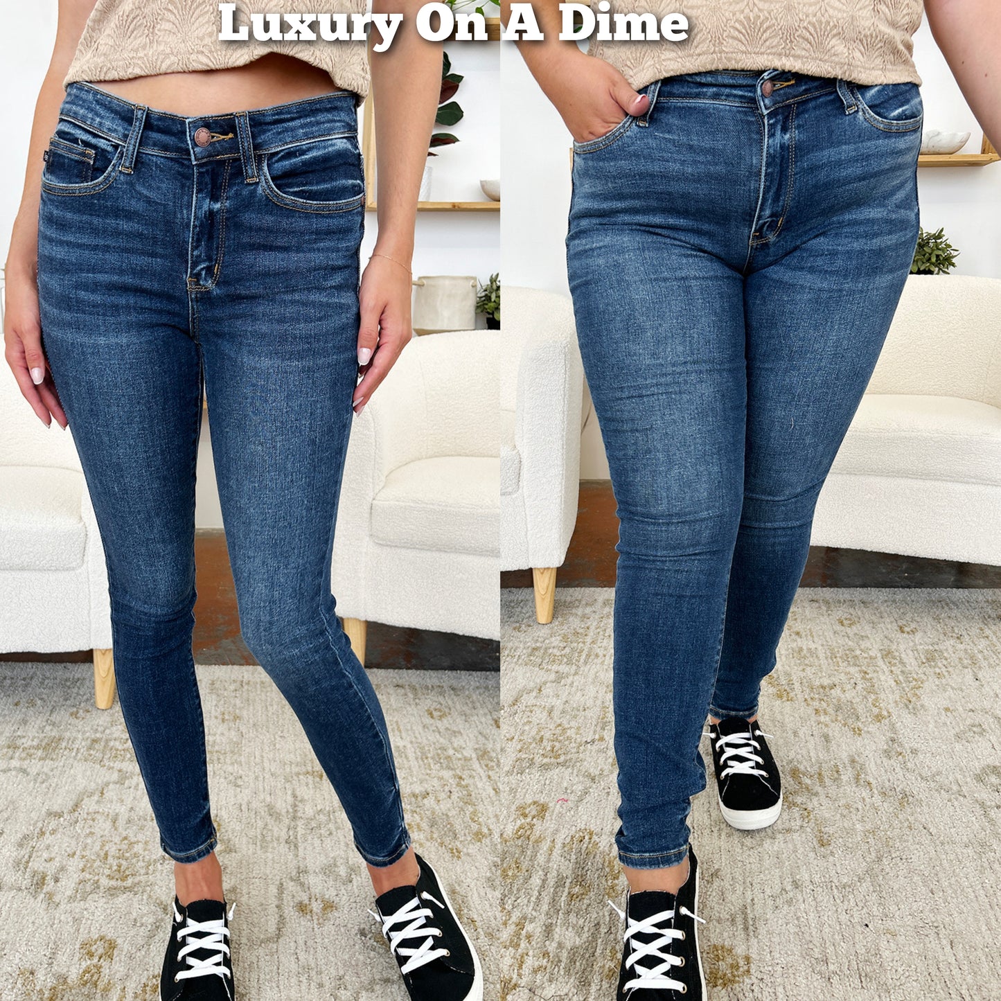 Skinny Judy Blue High-Rise Waist Denim Handsand Jeans Slim Stretchy Ankle Pants