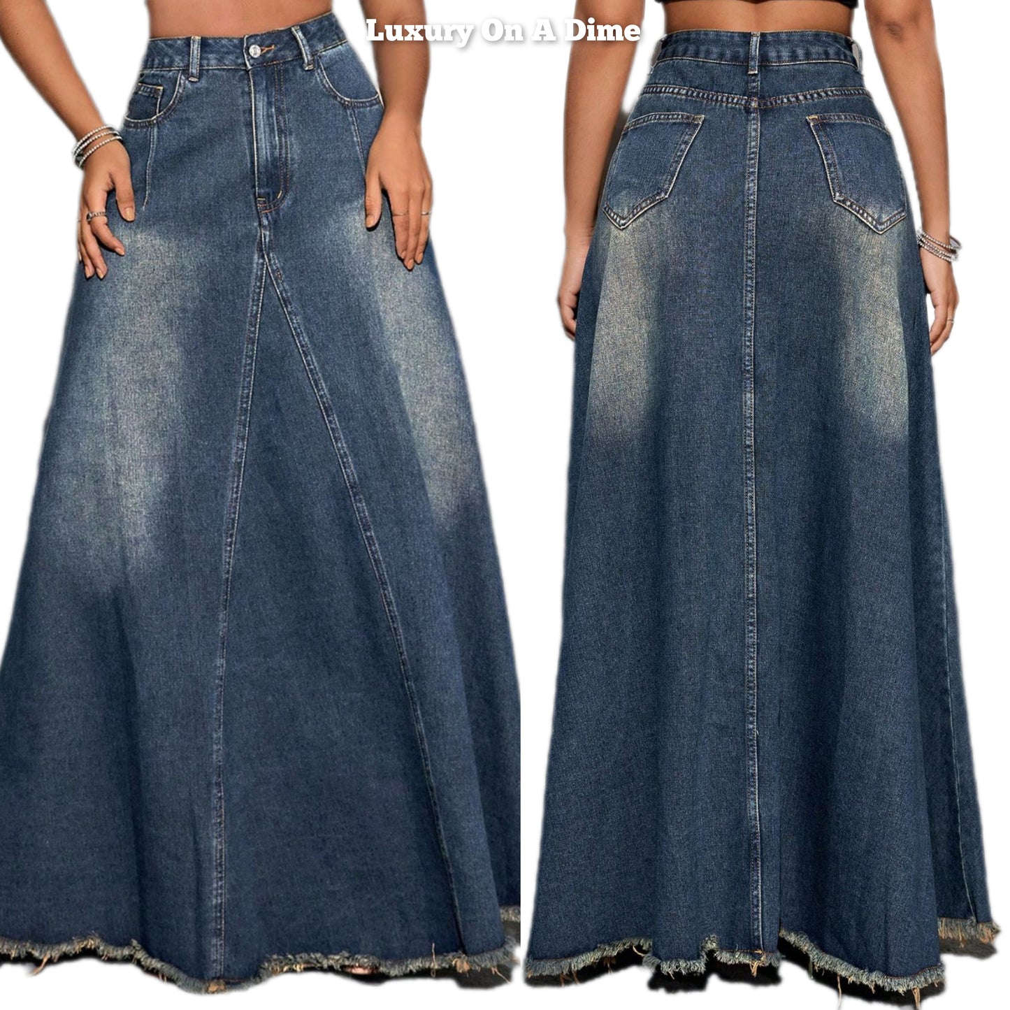 Retro Pocket High-Rise Waist Wide Panel Distressed Fringe Denim Blue Jean Maxi Skirt