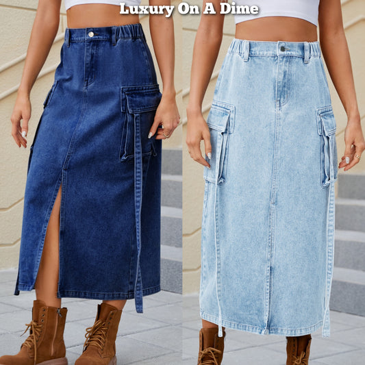 Retro Cargo Side Pocket High-Rise Elastic Waist Denim Blue Jean Slit Front Midi Skirt