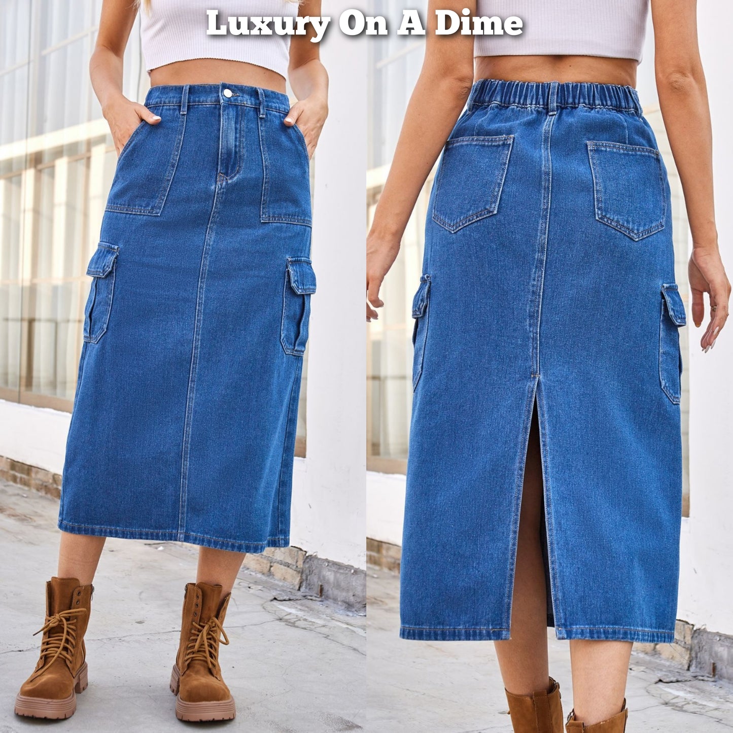 High-Rise Midi Retro Cargo Side Pocket Elastic Waist Denim Blue Jean Back Slit Skirt