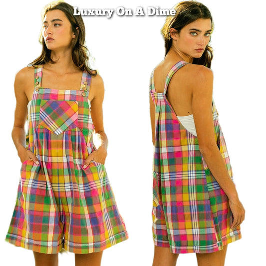 BiBi Retro Vintage Romper Colorful Plaid Wide Leg One-Piece Pocket Overall Shorts