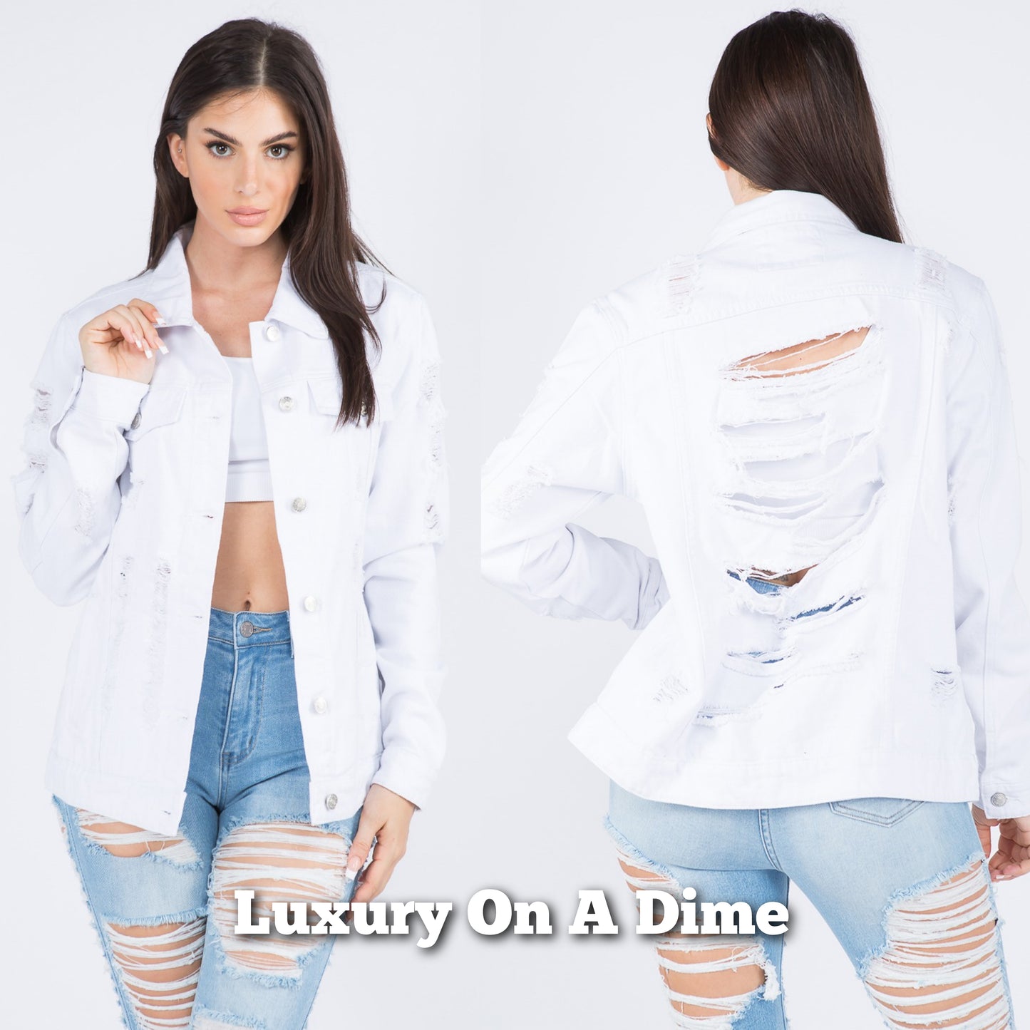 American Bazi Torn Distressed Hole Cotton Denim Button-Up White Jean Jacket