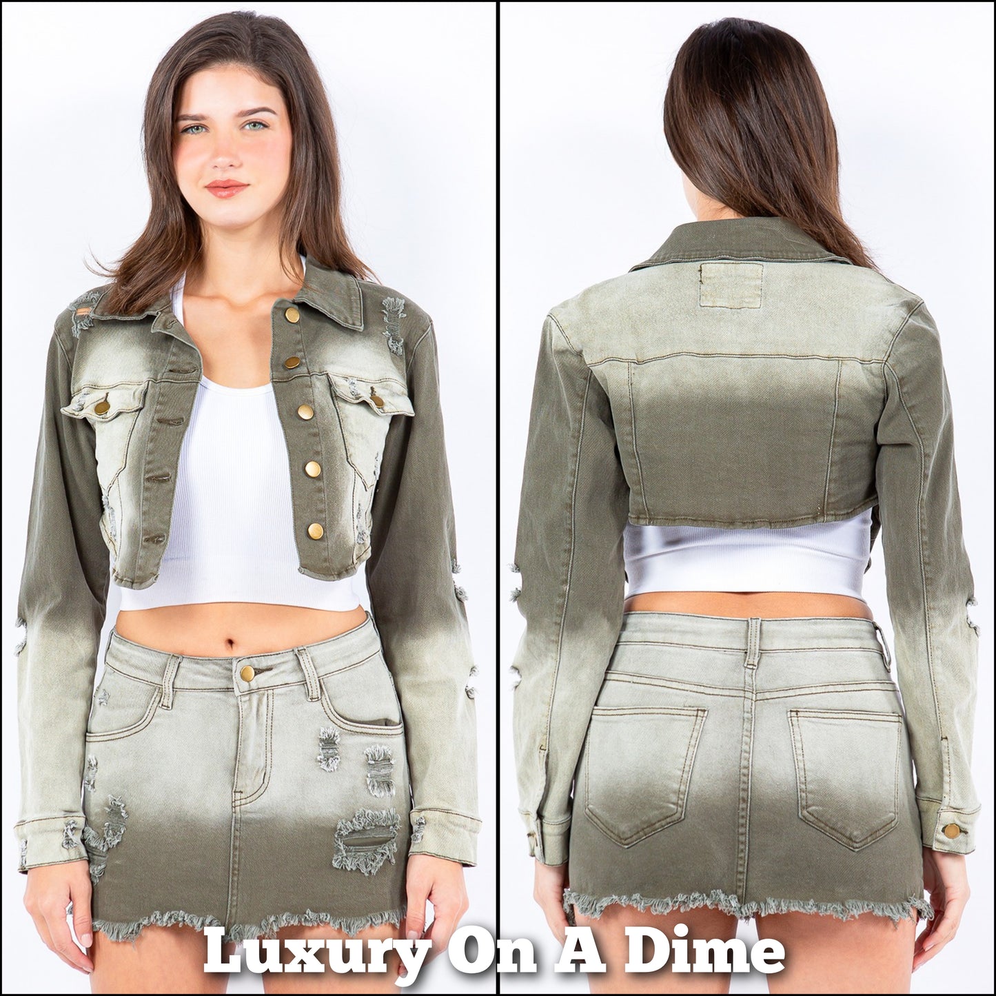 American Bazi Distressed Denim Cropped Button-Up Washed Green Ombre Jean Jacket