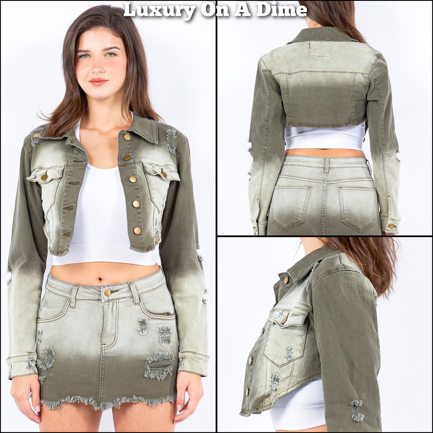 American Bazi Distressed Denim Cropped Button-Up Washed Green Ombre Jean Jacket